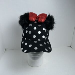 Disney Parks Minnie Mouse Sequin Bow Pom Ears Silver Polka Dot Black Cap Hat